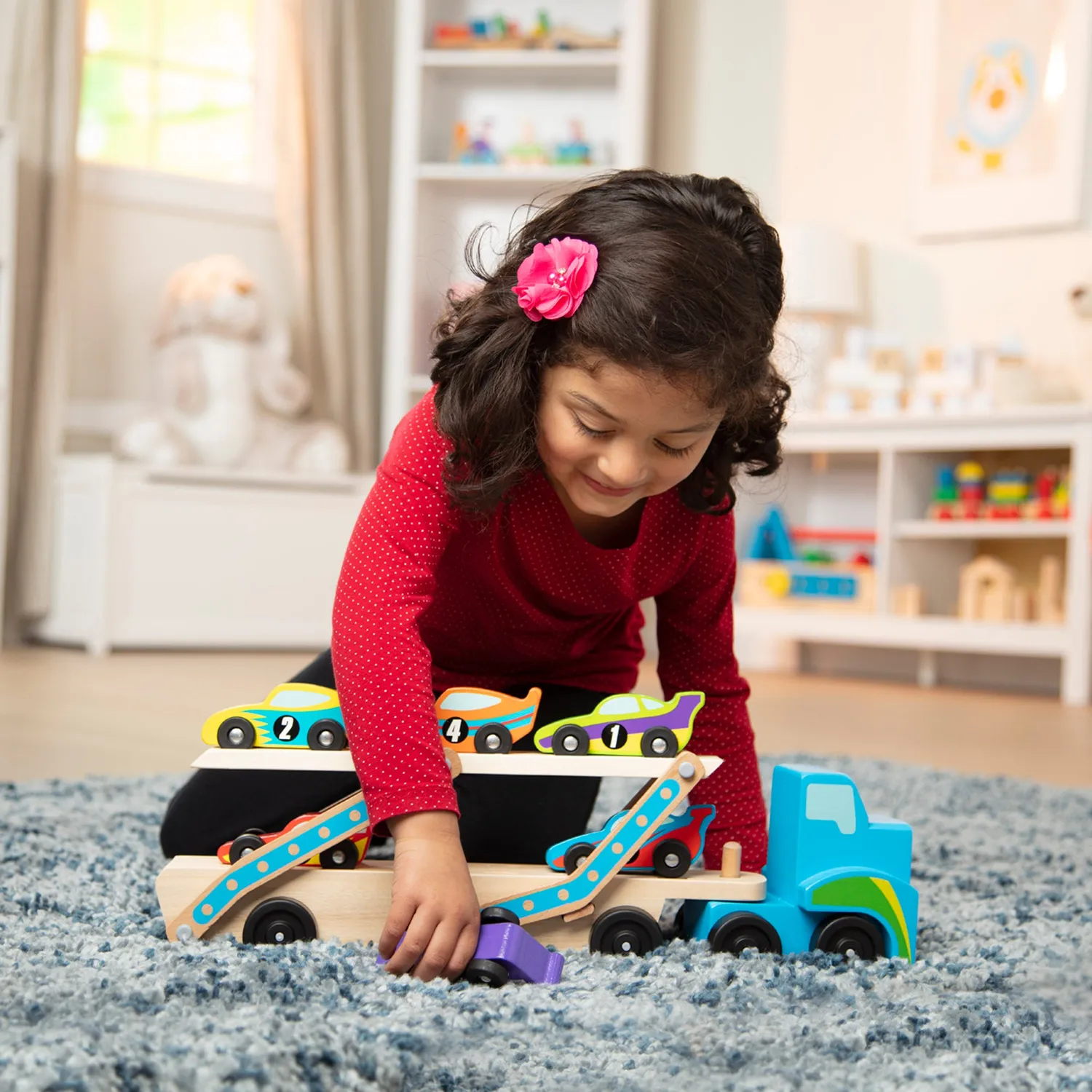Melissa & Doug Mega Race Car Carrier autotransporter 6 autos