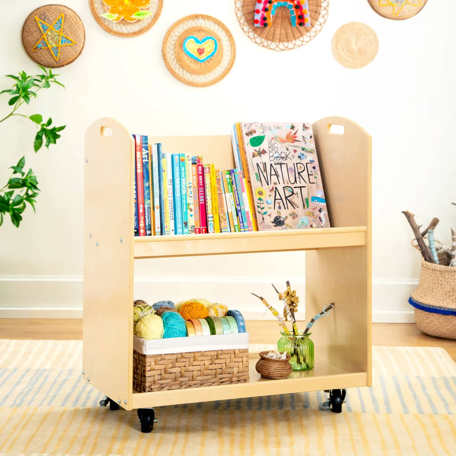 EdQ Book Cart houten boekenkar verrijdbaar met 2 vakken