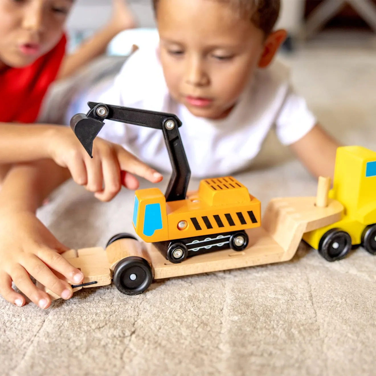 Melissa & Doug Trailer & Excavator houten voertuigen 3-delig bouwplaats