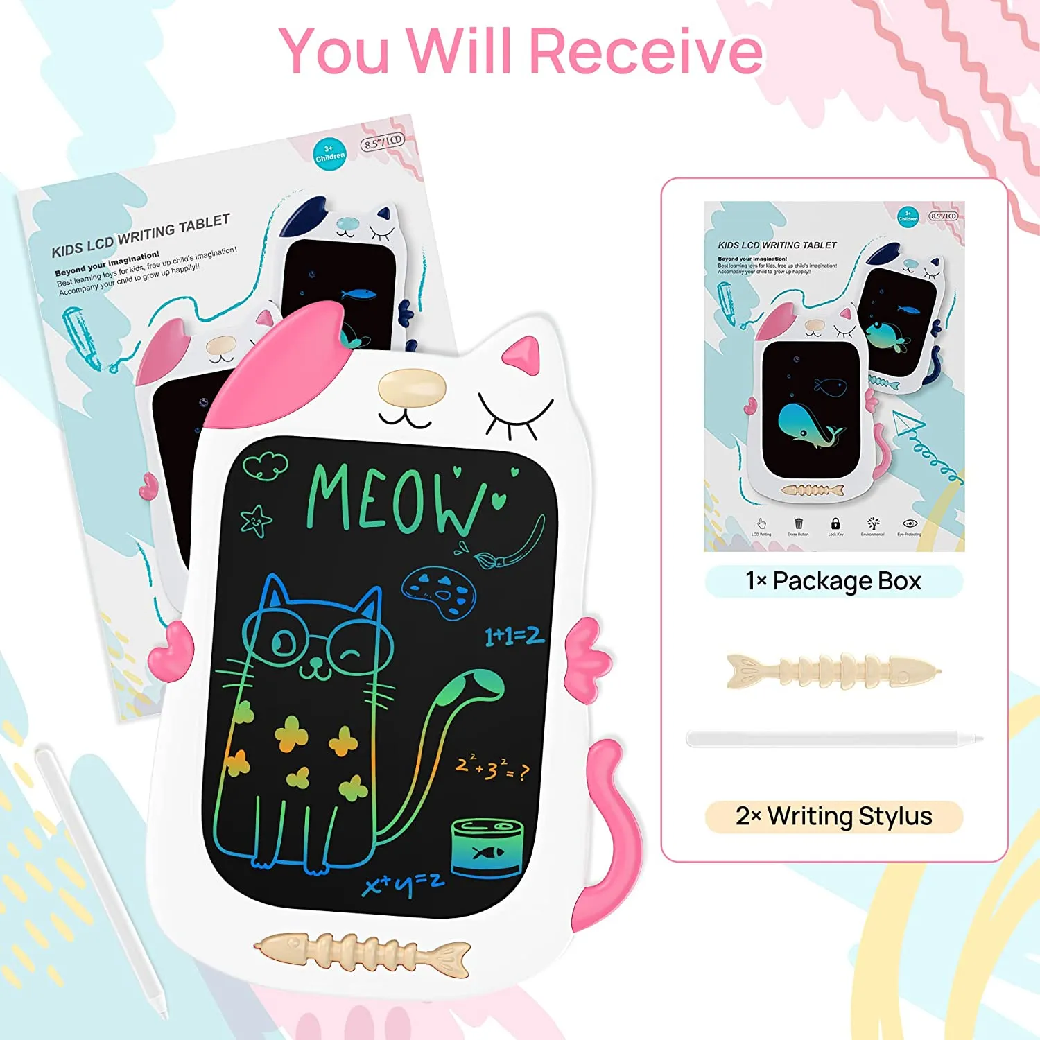 KOKODI LCD Writing Tablet Kat tekentablet 8,5 inch roze