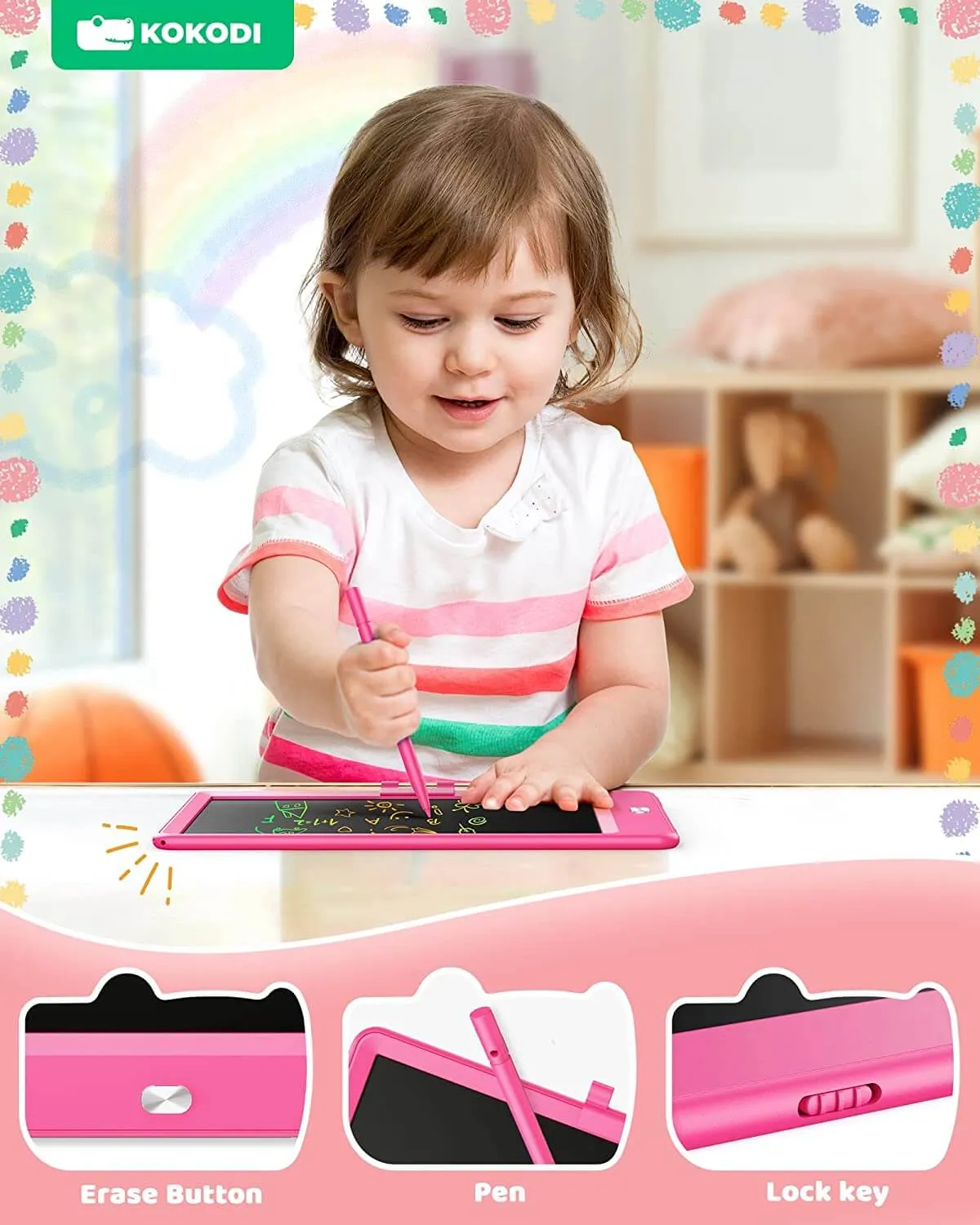 KOKODI LCD Schrijftablet 8,5 inch roze met kleurenscherm