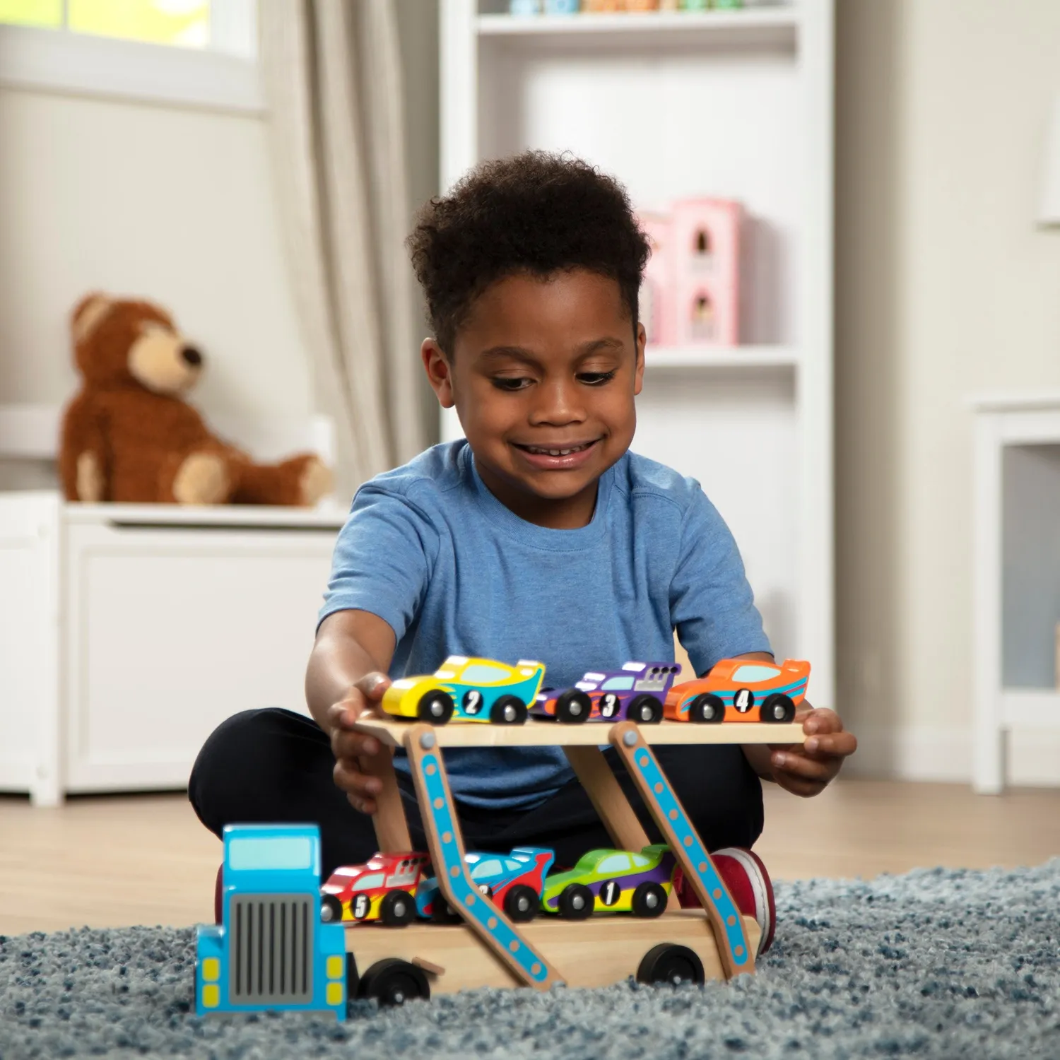 Melissa & Doug Mega Race Car Carrier autotransporter 6 autos