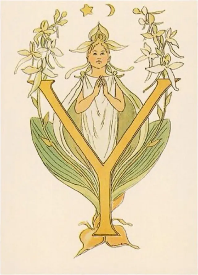 Ginger Fairy Ottilia Adelborg Y ansichtkaart bloemenalfabet