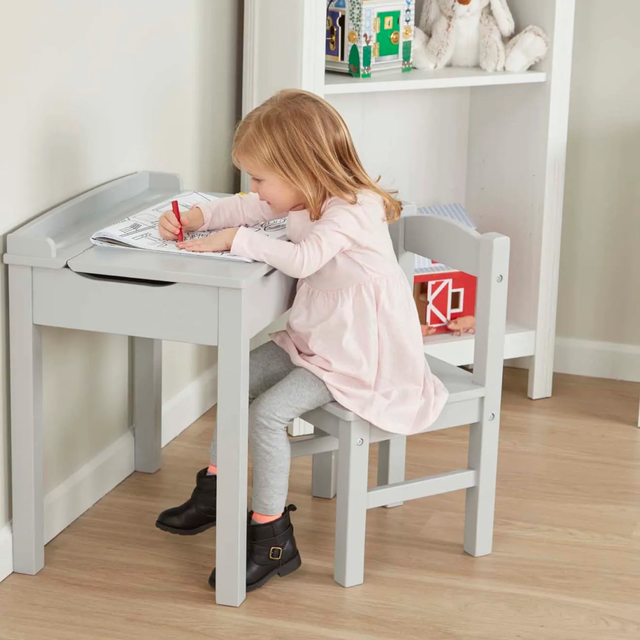 Melissa & Doug Lift-Top Desk grijs houten kinderbureau met stoel