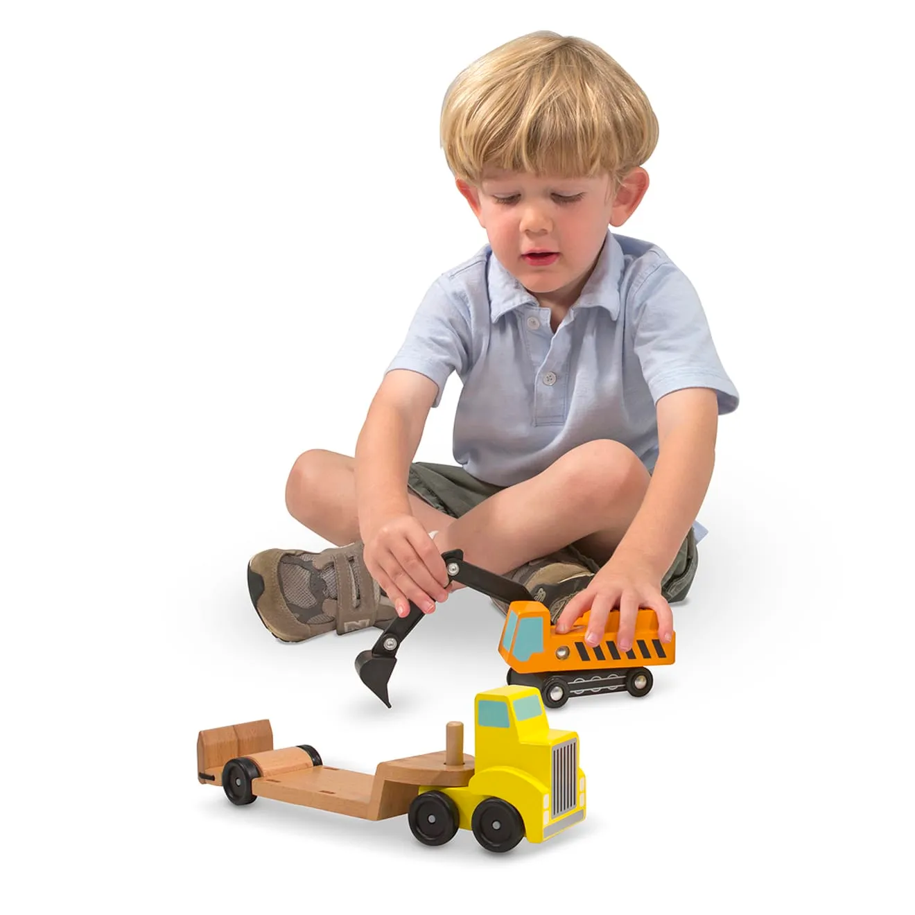 Melissa & Doug Trailer & Excavator houten voertuigen 3-delig bouwplaats