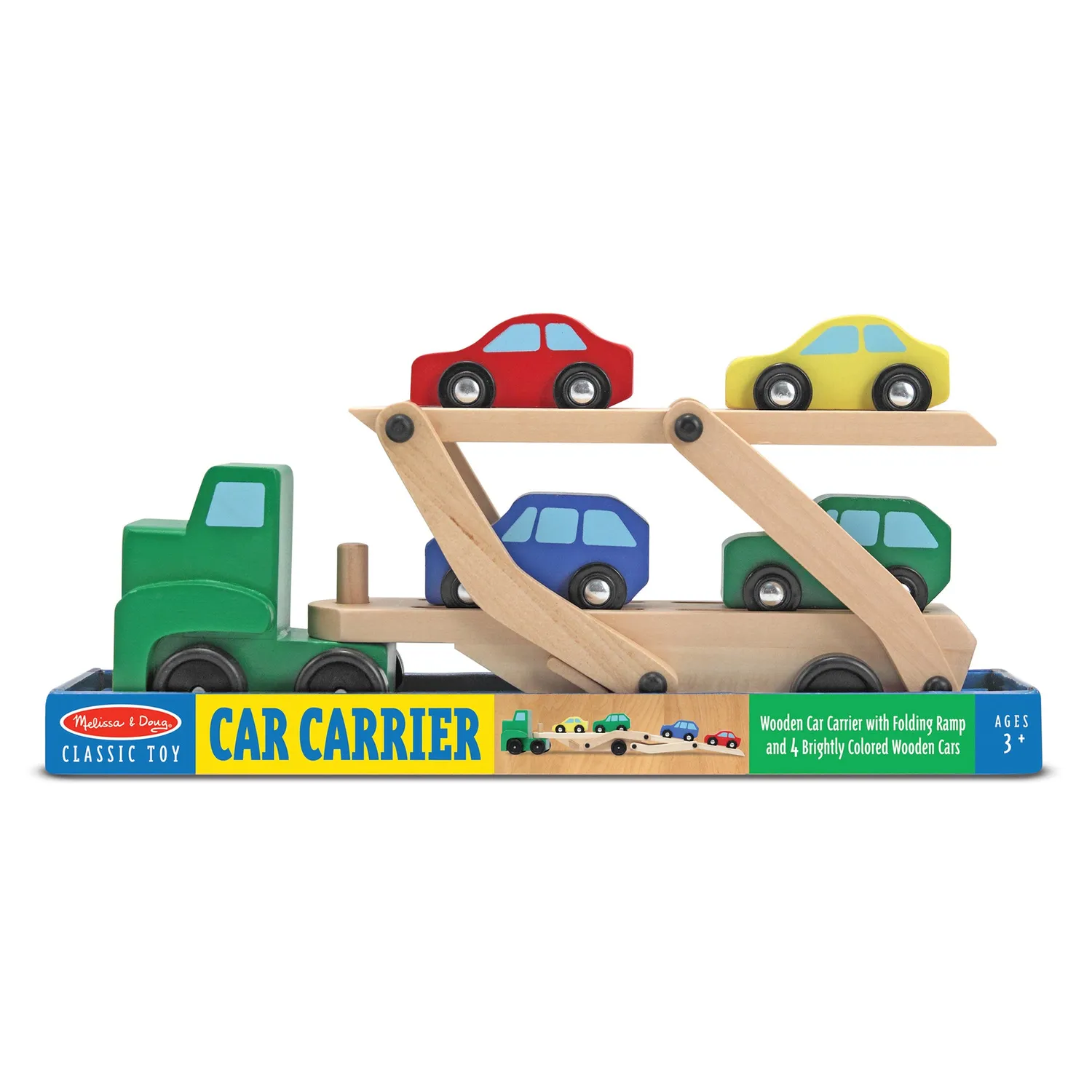 Melissa & Doug houten autotransporter met 4 auto’s 3-5 jaar