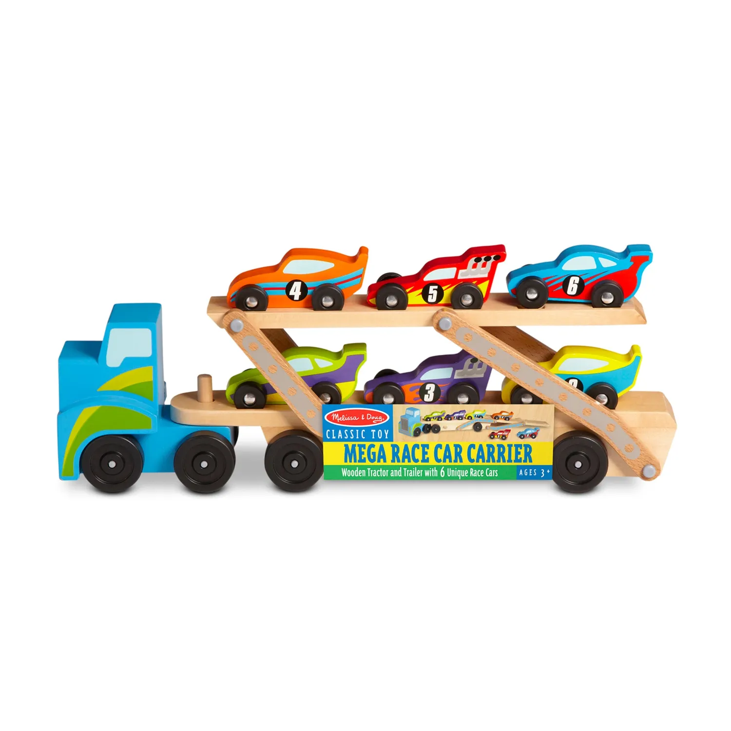 Melissa & Doug Mega Race Car Carrier autotransporter 6 autos
