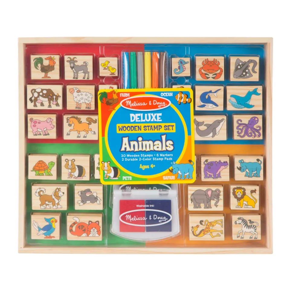 Melissa & Doug Deluxe stempelset hout dieren 38-delig