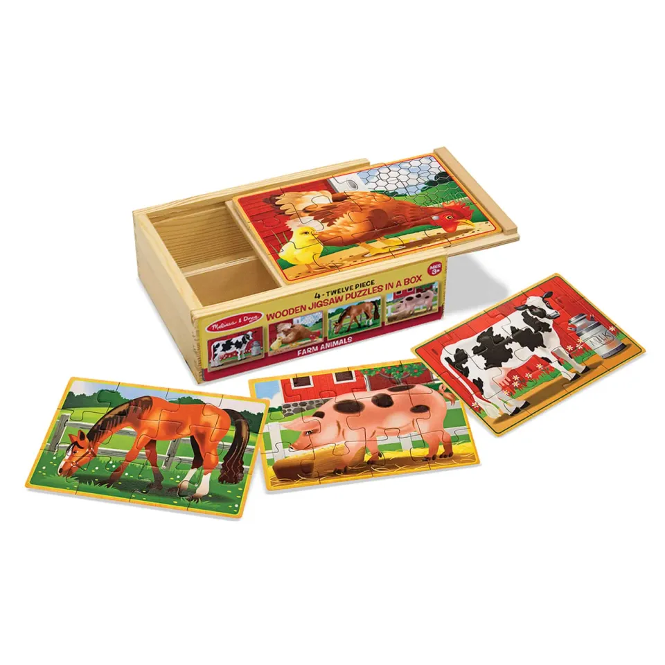 Melissa & Doug boerderijdieren puzzelset hout 4x12 stukjes