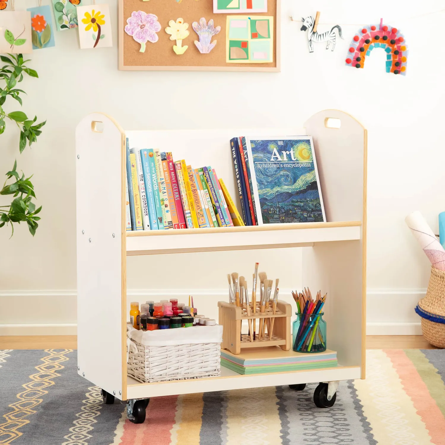 EdQ Book Cart houten boekenkar verrijdbaar met 2 vakken