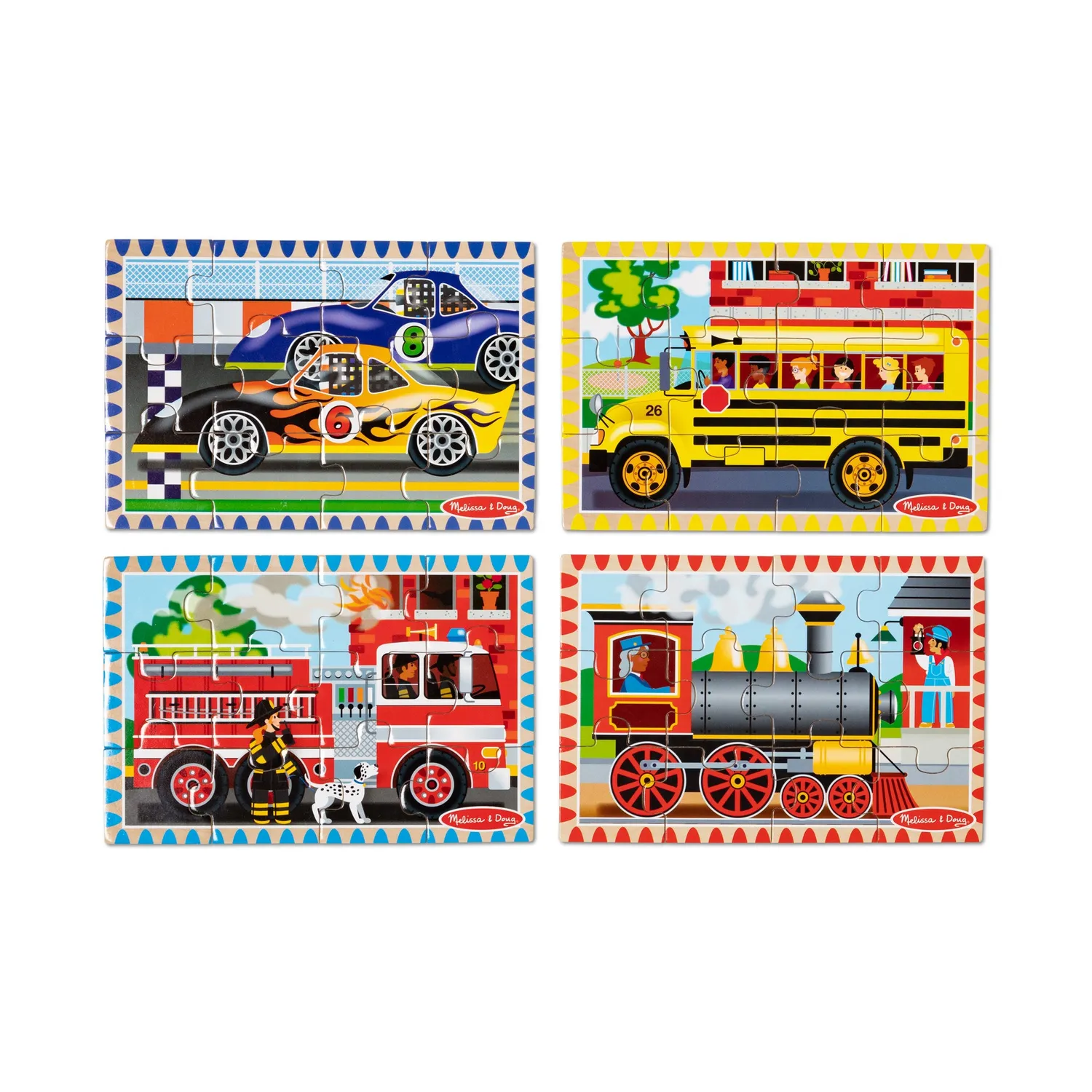 Melissa & Doug Vehicles Houten Puzzelset 4 x 12 stukjes