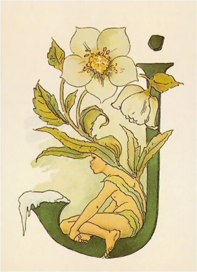 Ginger Fairy Ottilia Adelborg J kaart bloemenalfabet