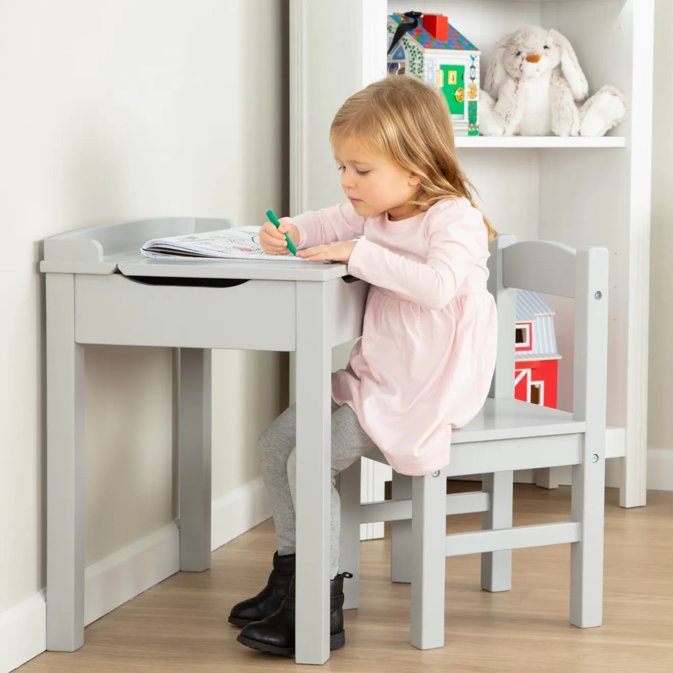 Melissa & Doug Lift-Top Desk grijs houten kinderbureau met stoel