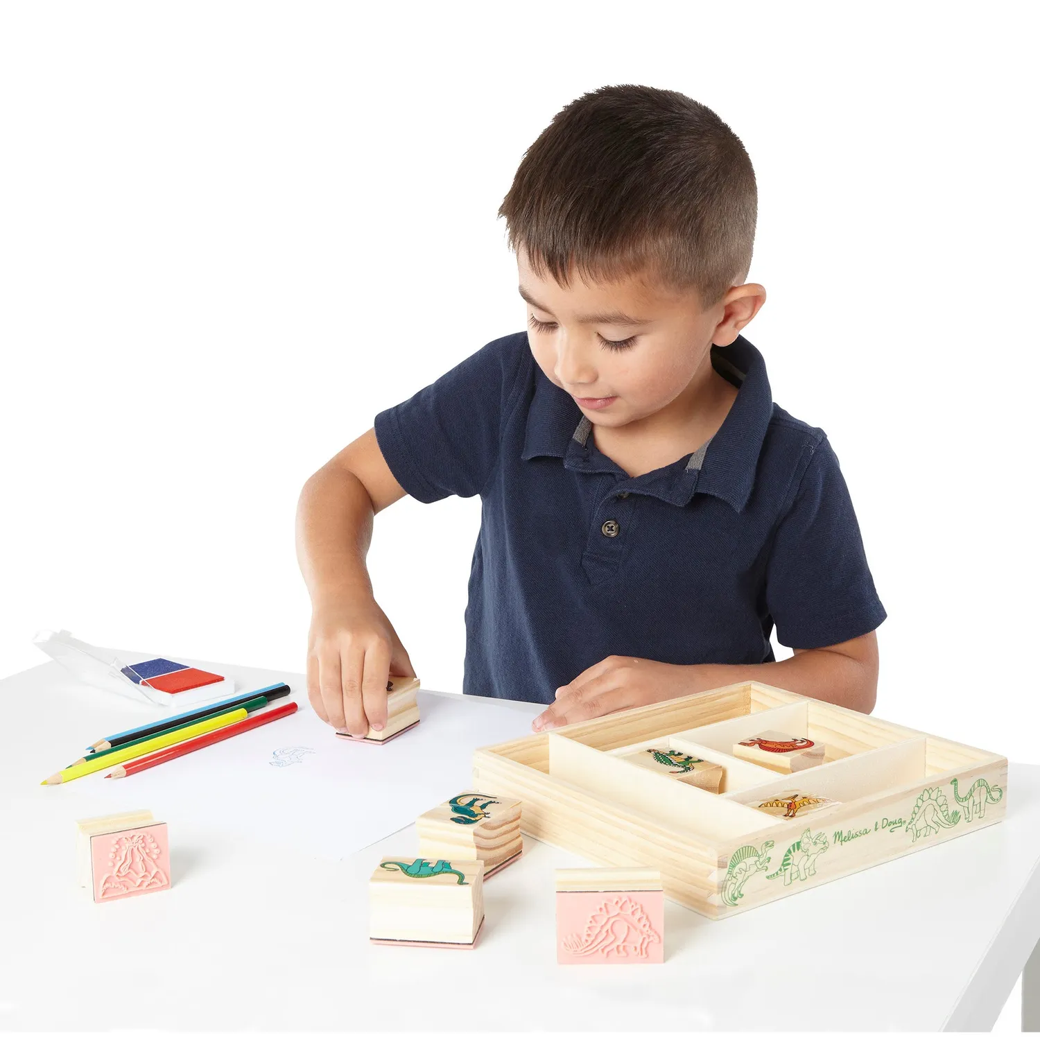 Melissa & Doug Dino houten stempelset 8 stempels + potloden