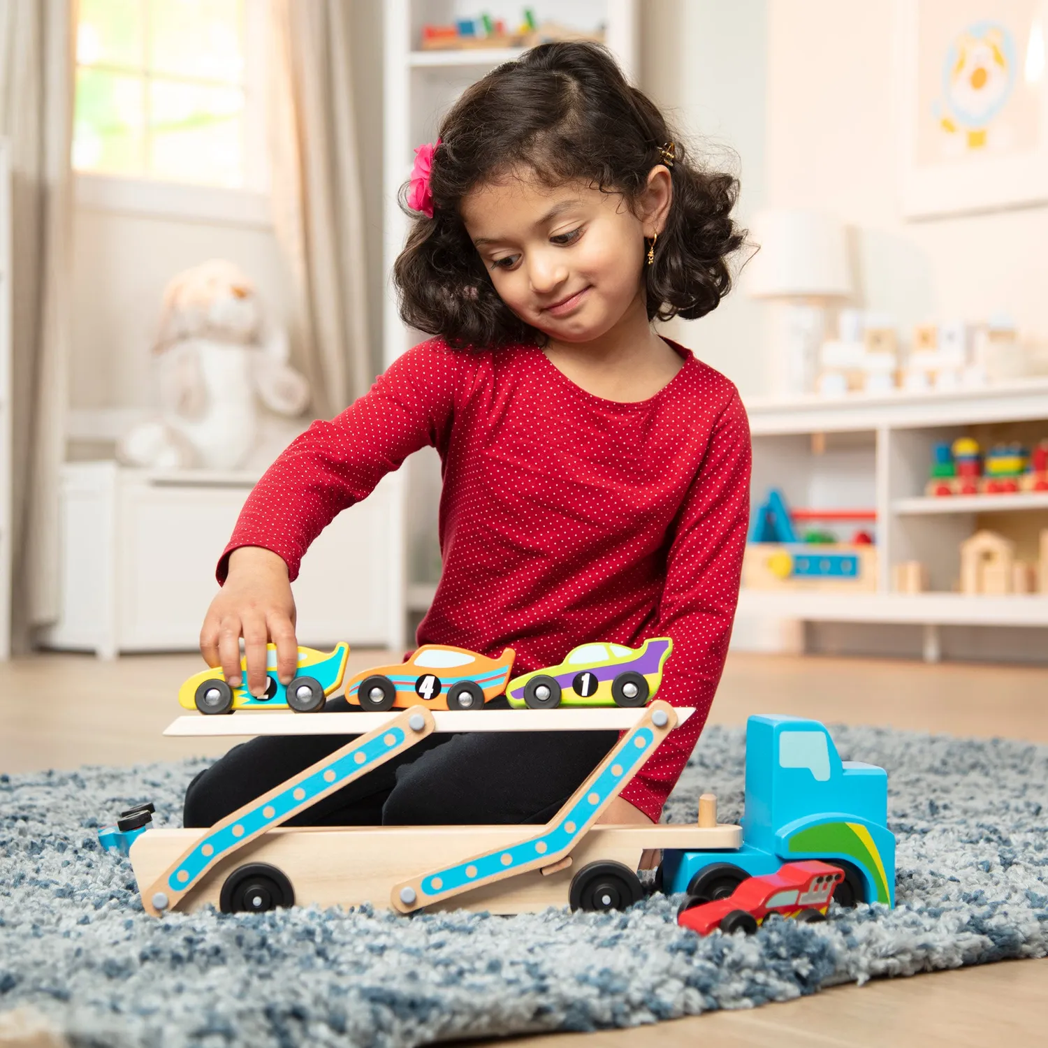 Melissa & Doug Mega Race Car Carrier autotransporter 6 autos