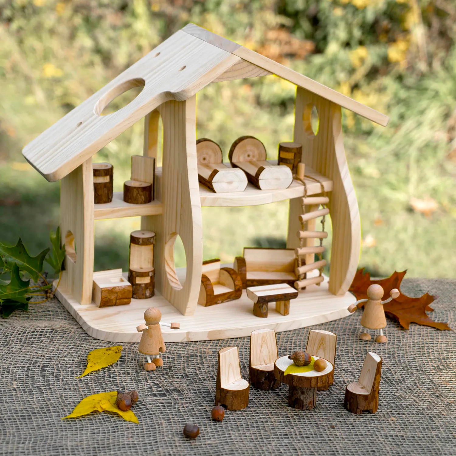 Guidecraft Woodlands poppenhuis set natuur 48 cm hout