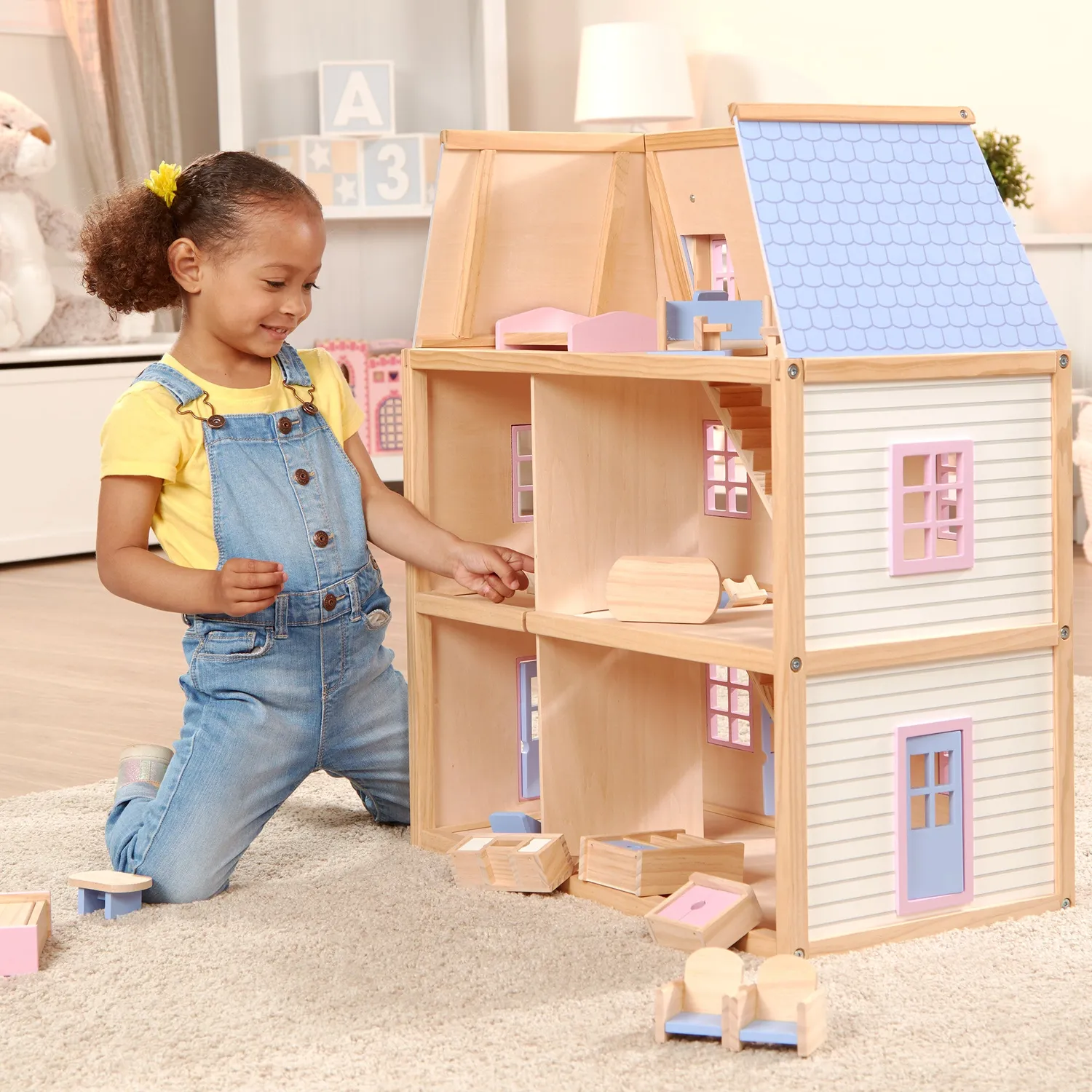 Melissa & Doug Multi-Level houten poppenhuis 3 verdiepingen